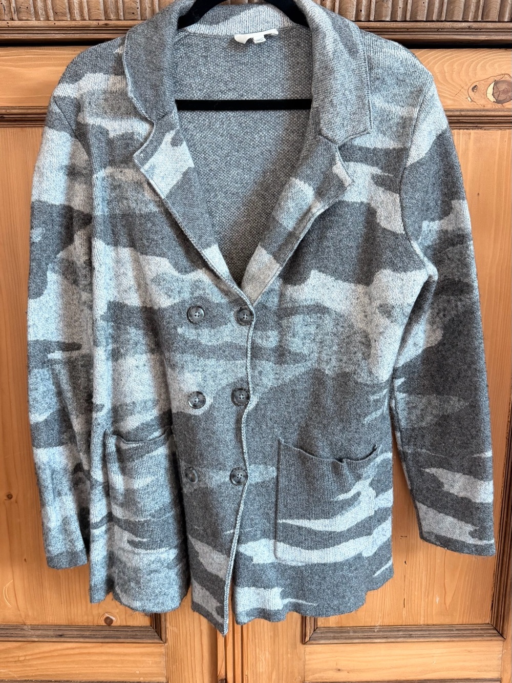 Splendid Gray Camouflage Knit Double-Breasted Cardigan